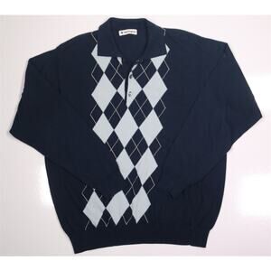 Burlington Blue Argyle Cotton Knit Jumper Collared Polo Sweater 40/Medium